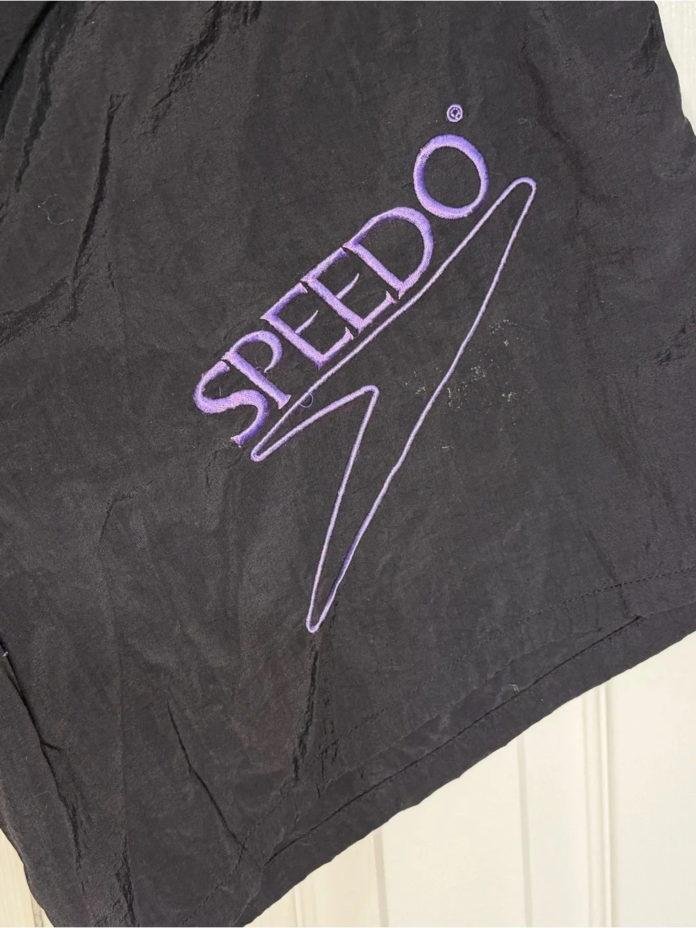 Vintage 90s Retro Speedo Black Swim Trunks with Purple Logo Accent